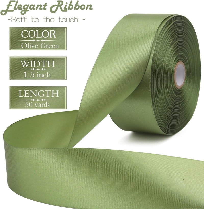 Riunbb Olive Green Solid Satin Ribbon 1-1/2 Inch 50 Yards Solid Polyester Fabric Ribbon for Gift Wrapping Wedding Christmas Baby Shower Birthday Party Decoration Handmade Immortal Flower Craft - Image 2